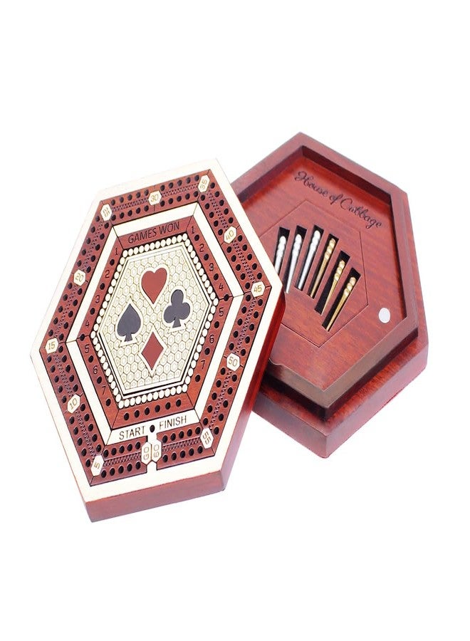 House of Cribbage - 2 Track 60 Points - Hexagonal Shape Pocket Size Wooden Travel Cribbage Board - Size 4 Inch (Maple Wood/Bloodwood) - Image 3